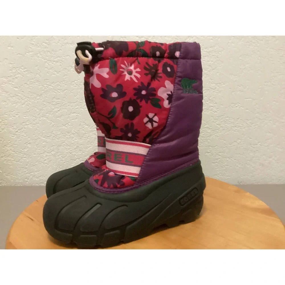Sorel Snow Boots Kids 12.5 Purple Pink Floral Waterproof Insulated NC1811-505